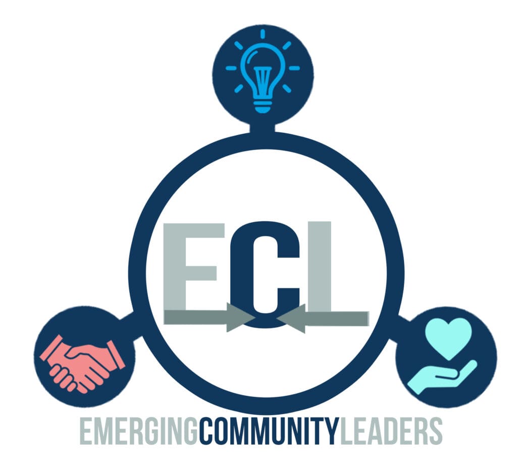 Logo for Emerging Community Leaders - a light bulb, two hands shaking, and a heart shape above an open hand form a circle around the letters E C L with the text below "Emerging Community Leaders"